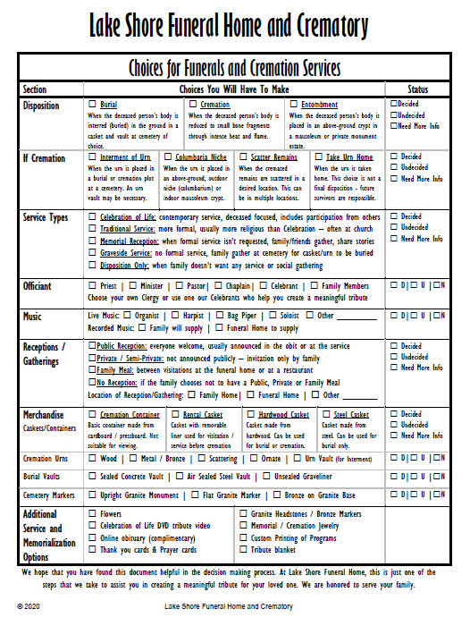 Lake Shore Funeral Home Choices Worksheet